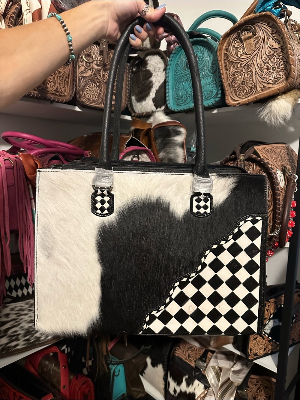 NEW⭐️Leather & Cowhide Checker Tote Bag - Stylish Women’s Handbag